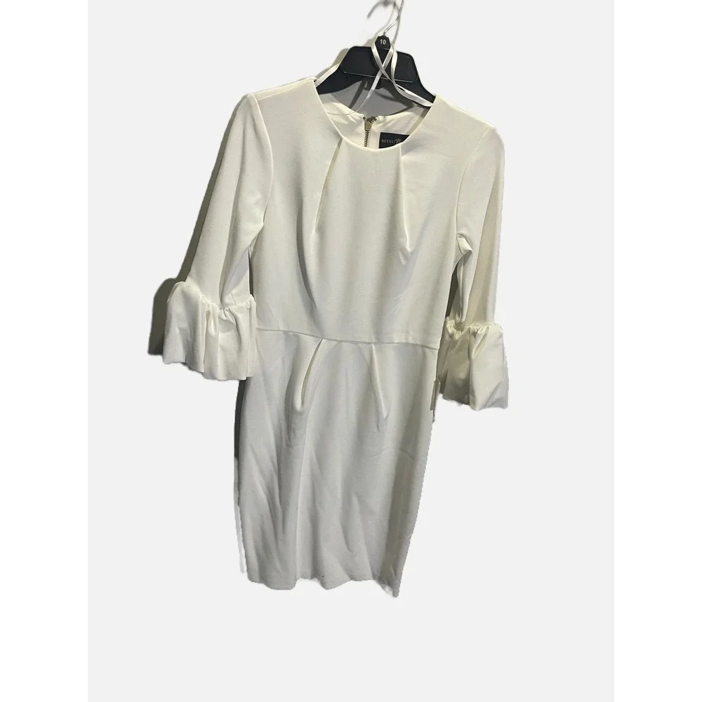 Betsy & Adam Sheath Dress Womens 6 White Ruffle Cuff Sleeve Cocktail Bridal Part